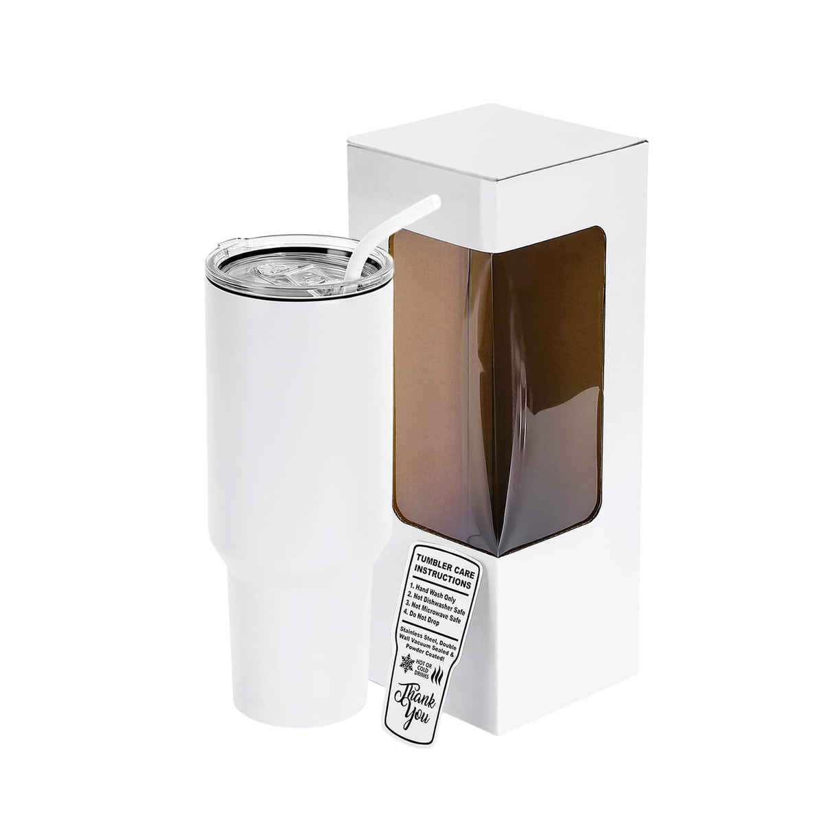 40 oz Classic Tumbler in White with lid, straw, and packaging.