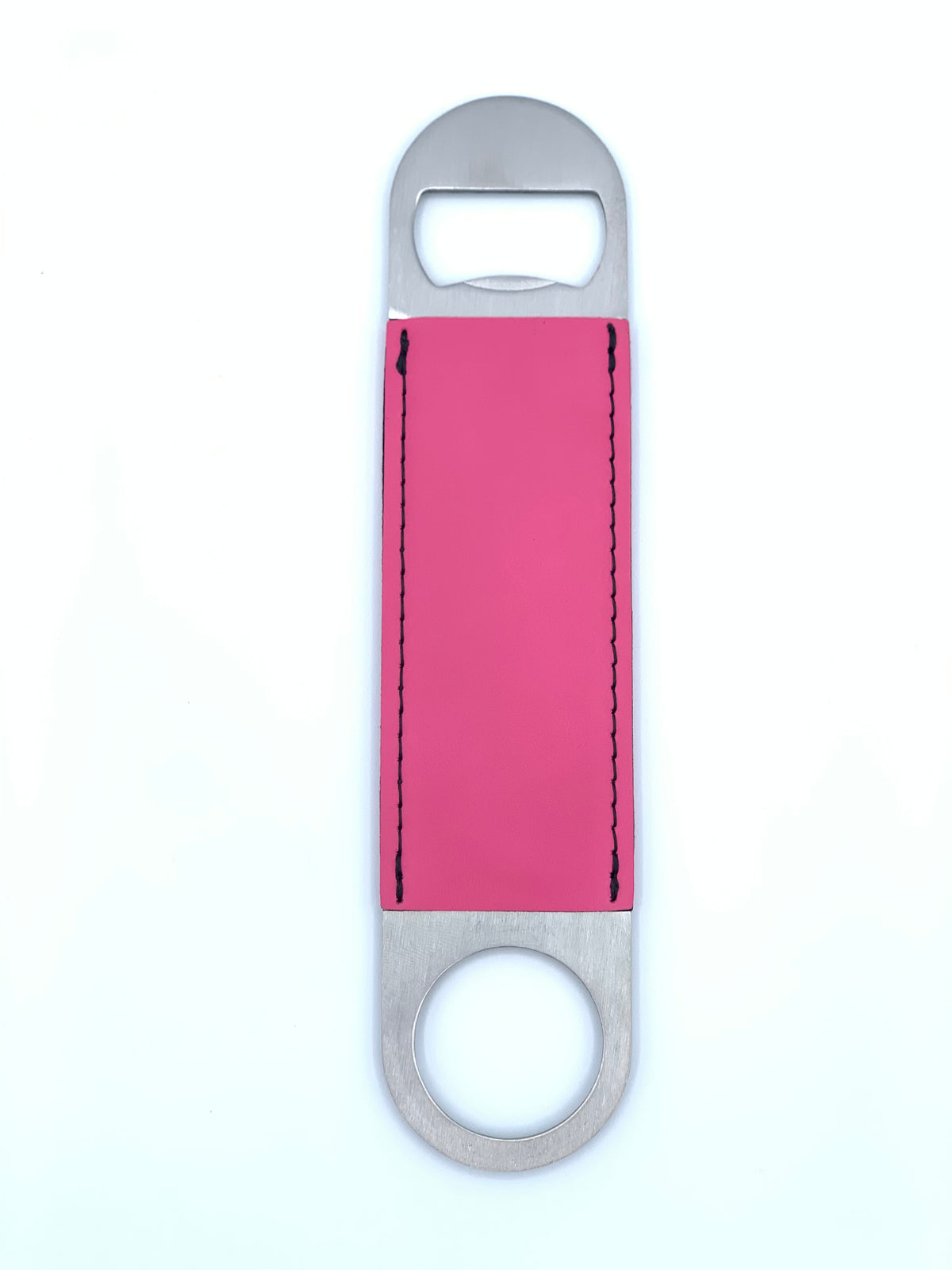 Primrose pink leatherette bar key bottle opener ready for custom UV-printed personalization.