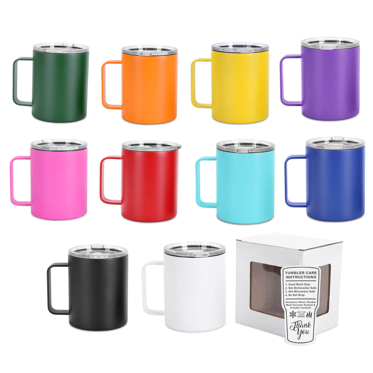 12 oz vacuum-insulated camper mugs shown in the 10 available powder-coated colors.