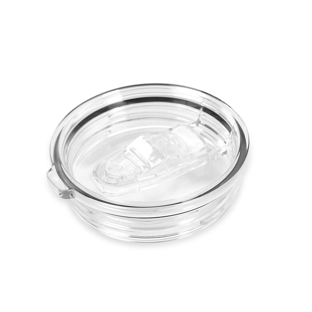 Clear screw-on camper mug lid with firm sliding drink closure for leak protection.