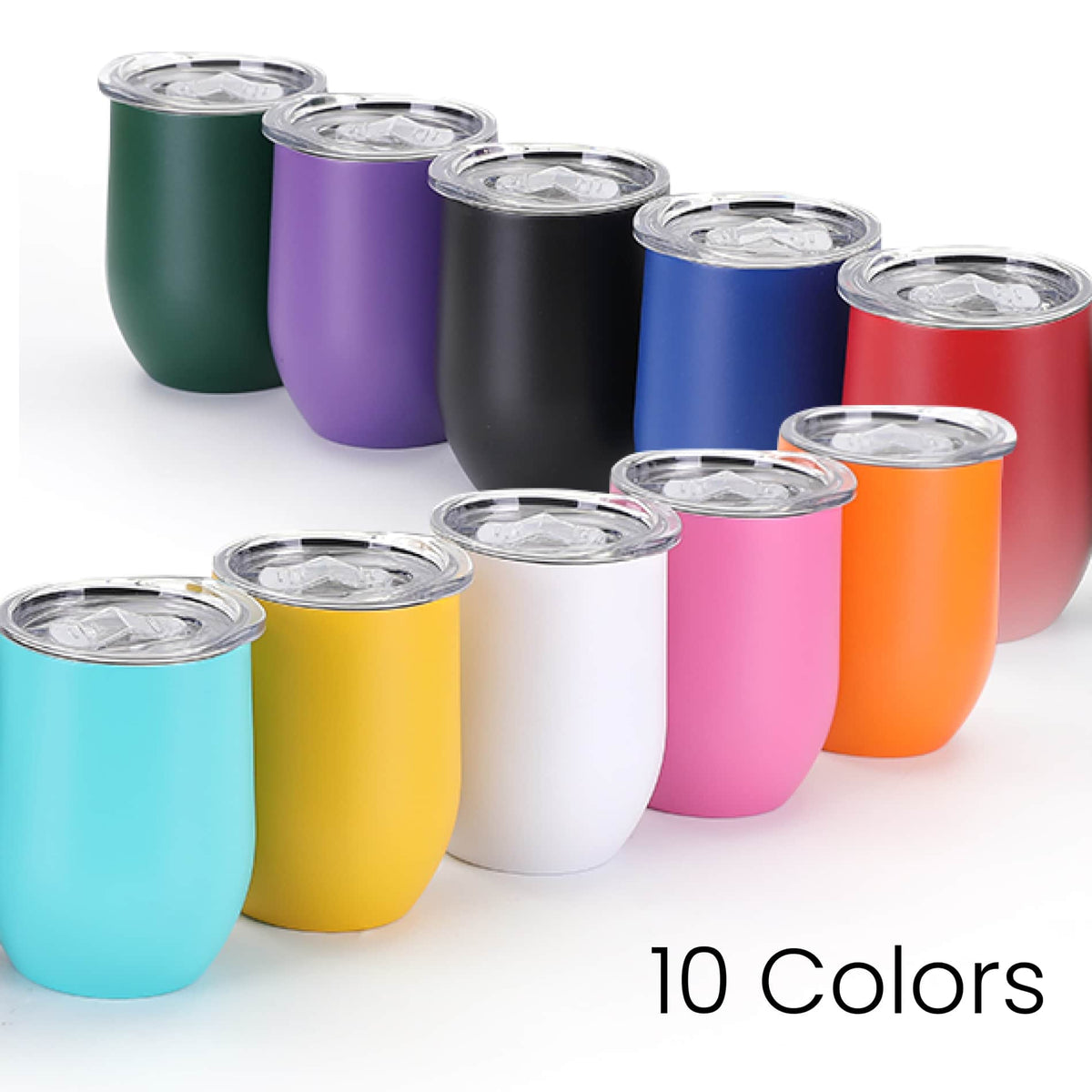 Vacuum-insulated 12 oz stainless steel wine tumblers shown in all 10 available powder-coated finishes.