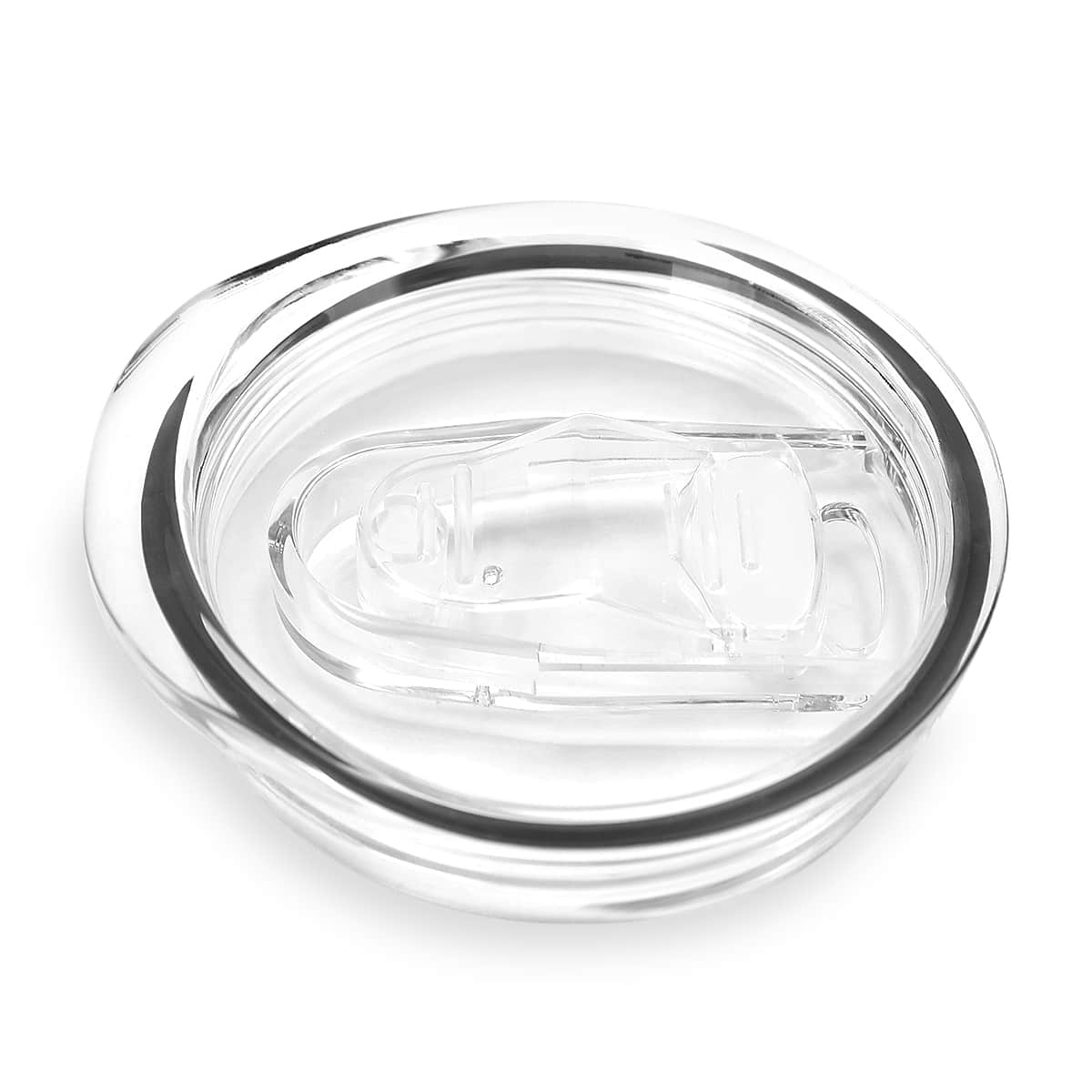 Clear screw-on wine tumbler lid with firm sliding drink closure for leak protection.