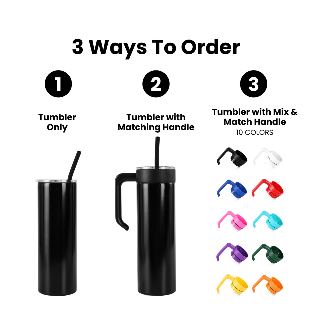 Three ways to order a Fennec Creations 20 oz Slim tumbler: tumbler only, with matching handle, or with a mix-and-match handle.