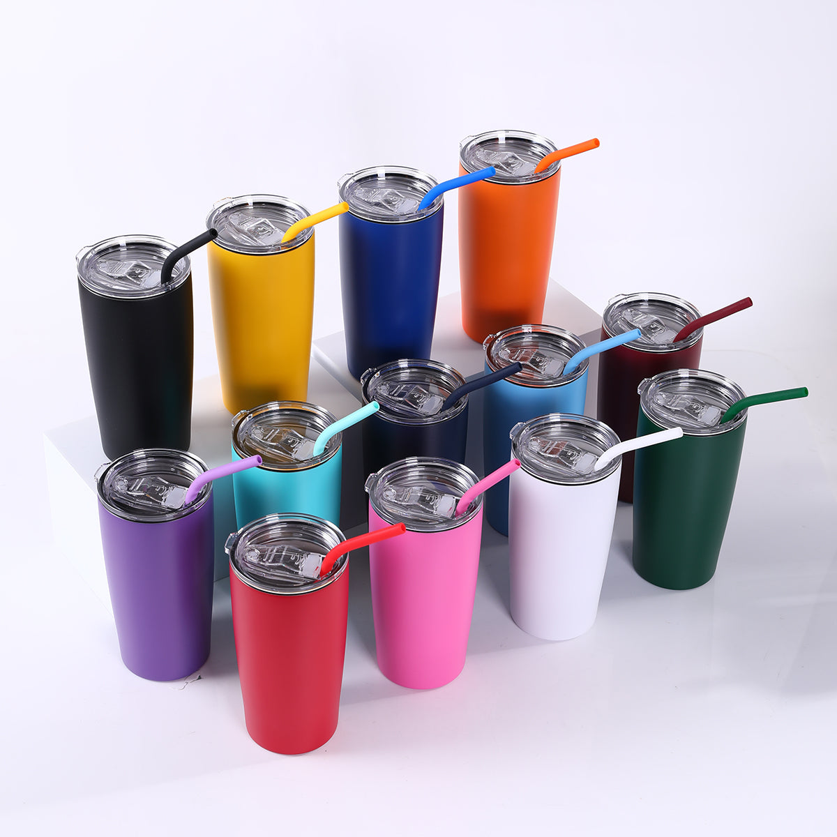 20 oz Classic Tumblers shown in the available 13 powder-coated colors.