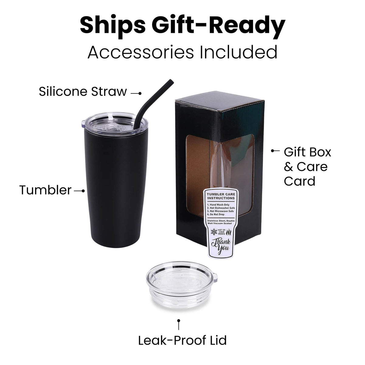 20 oz Classic Tumbler shown with silicone straw, leak-proof lid, gift box, and care card.