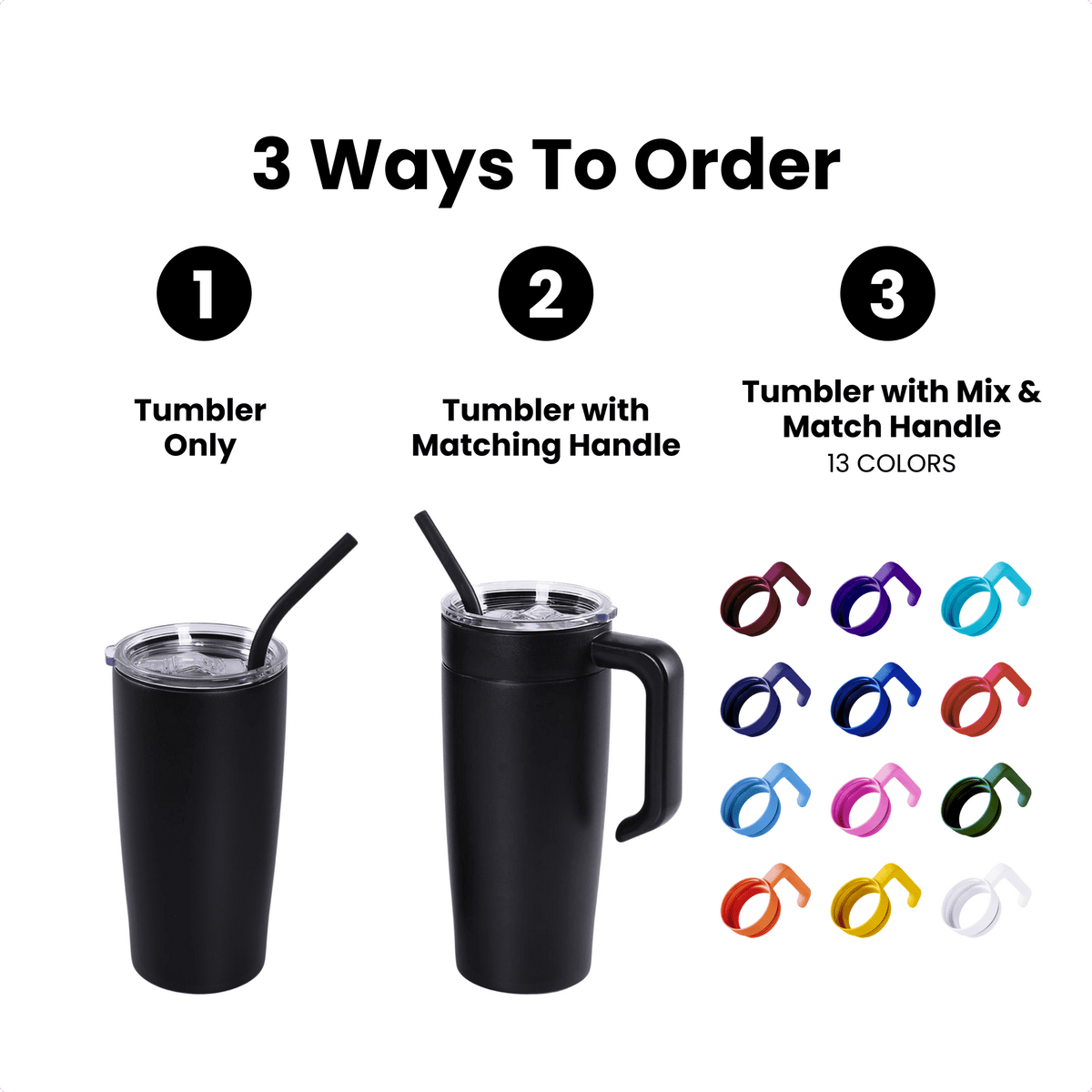 Three ways to order a Fennec Creations 20 oz Classic tumbler: tumbler only, with matching handle, or with a mix-and-match handle.