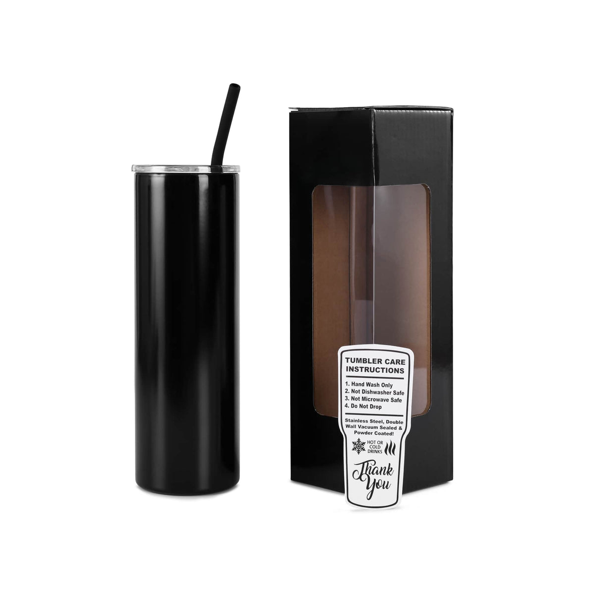 Black 20 oz slim tumbler with matching straw and gift box.
