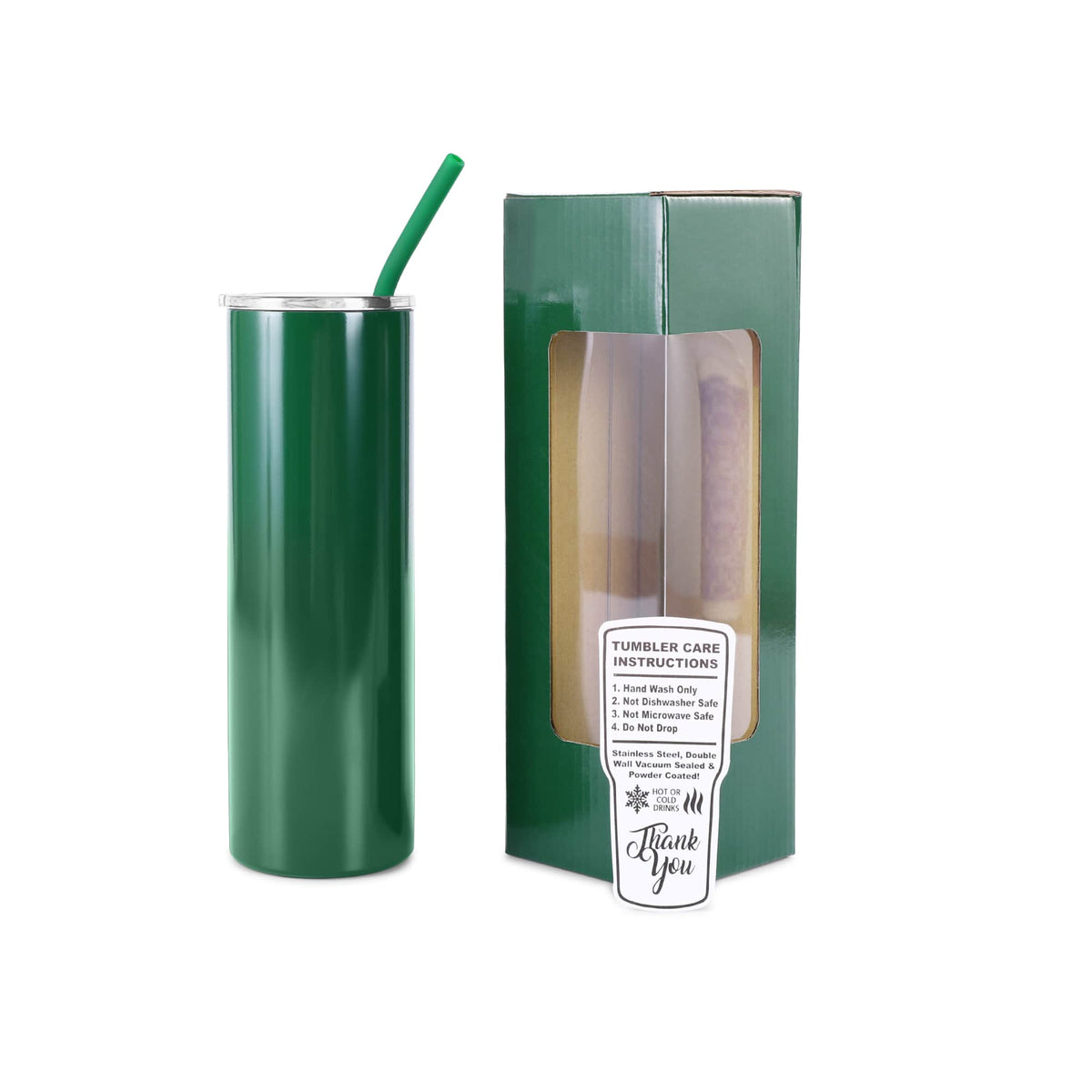 Green 20 oz slim tumbler with matching straw and gift box.