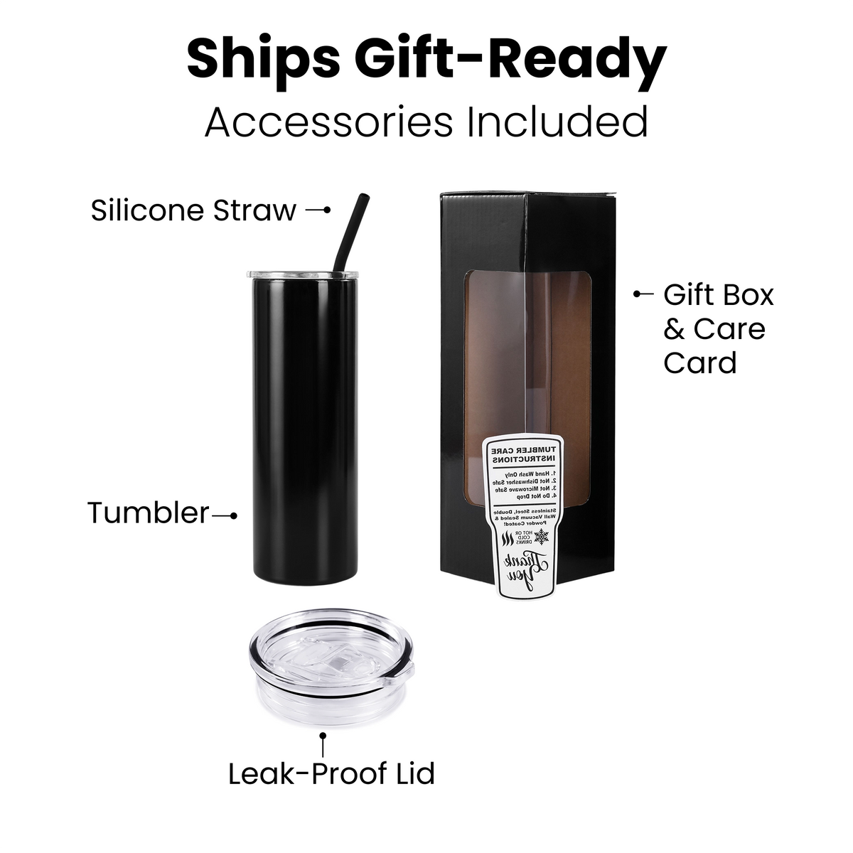 20 oz slim tumbler shown with screw-on lid, straw, gift box, and care card.
