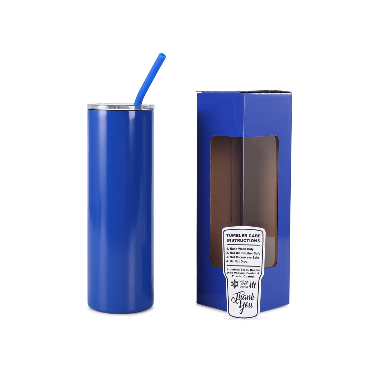 Indigo Blue 20 oz slim tumbler with matching straw and gift box.