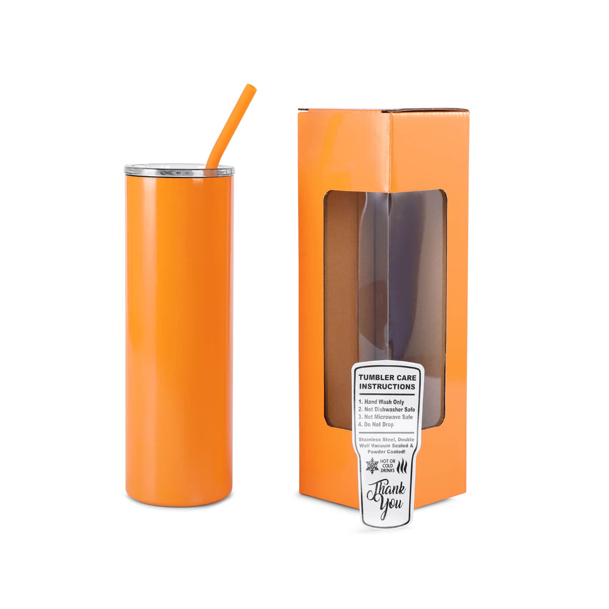 Orange 20 oz slim tumbler with matching straw and gift box.