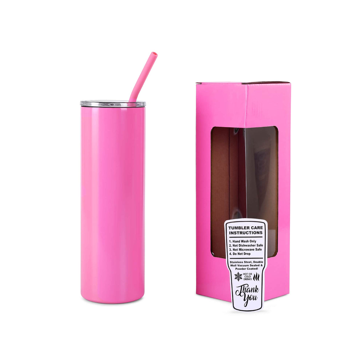 Primrose Pink 20 oz slim tumbler with matching straw and gift box.