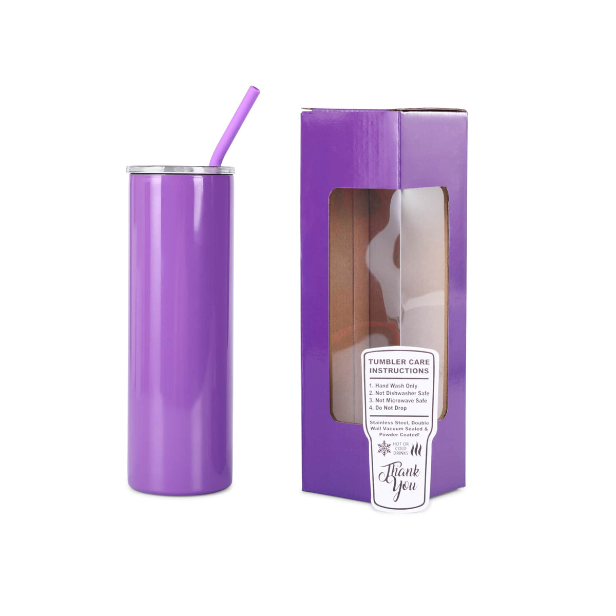 Purple 20 oz slim tumbler with matching straw and gift box.