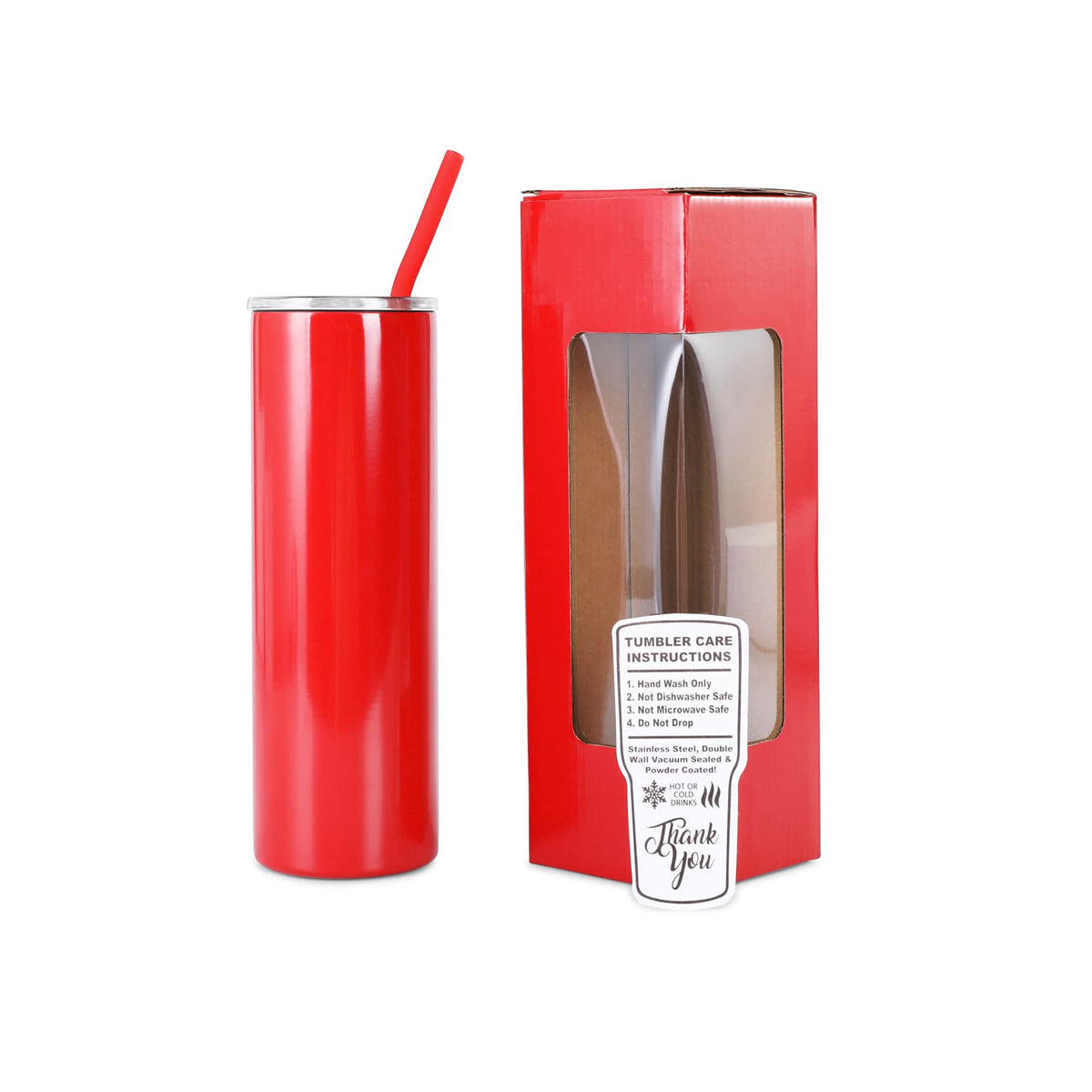 Ruby Red 20 oz slim tumbler with matching straw and gift box.