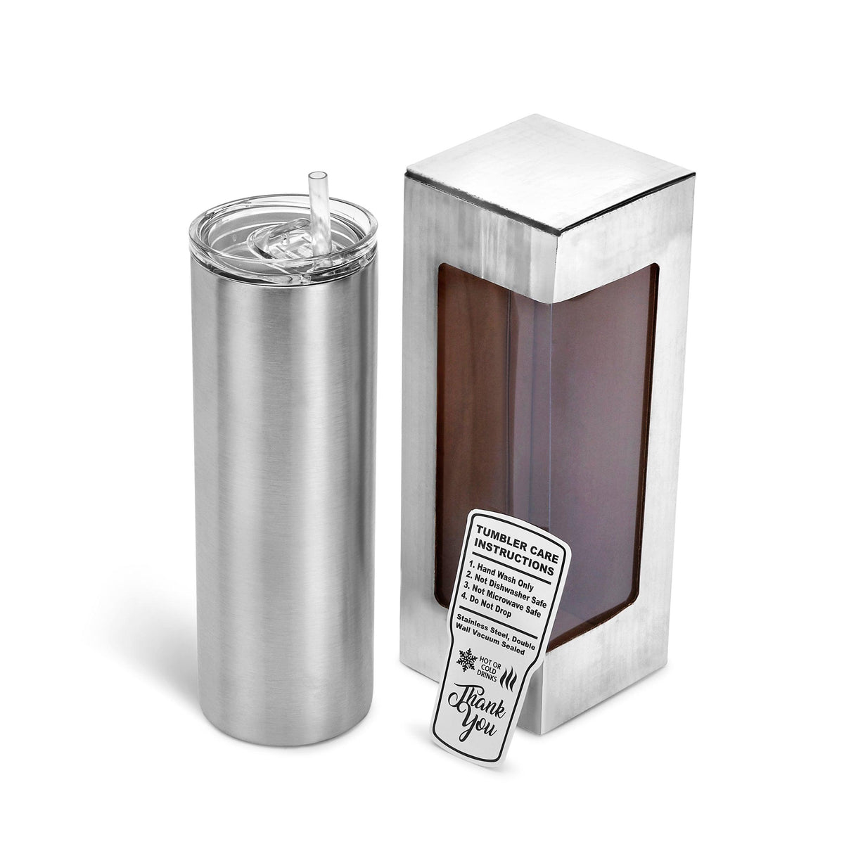 Stainless Steel 20 oz slim tumbler with clear lid, straw, and gift box.
