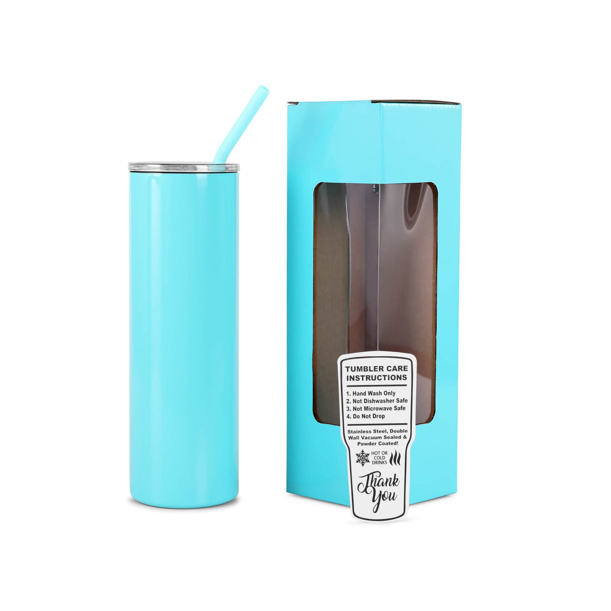 Teal 20 oz slim tumbler with matching straw and gift box.