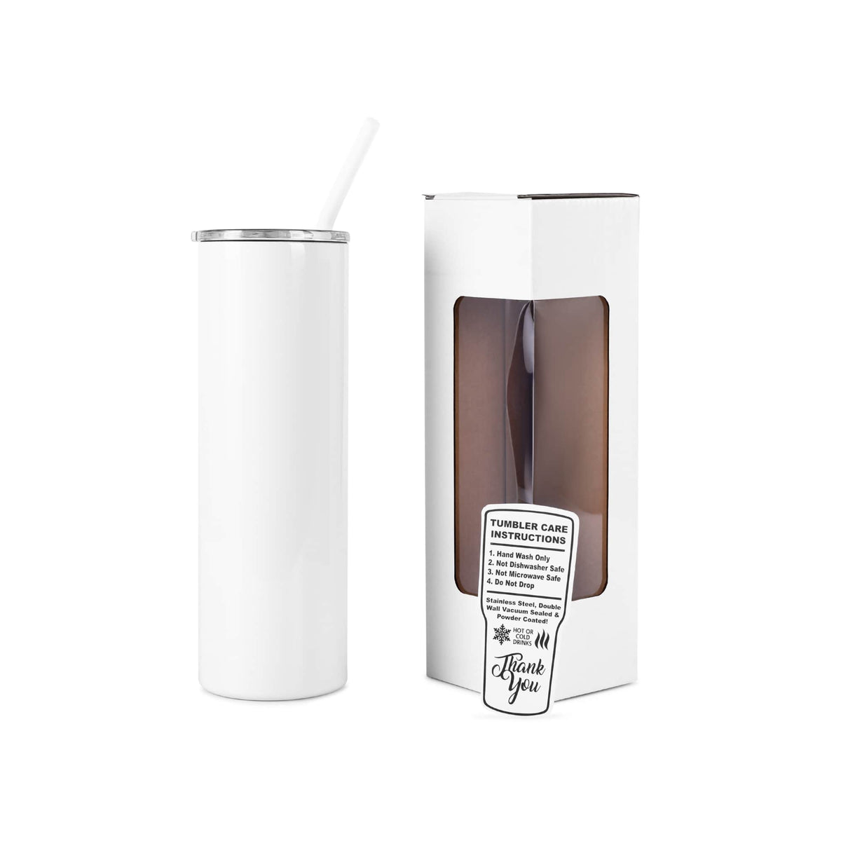 White 20 oz slim tumbler with matching straw and gift box.