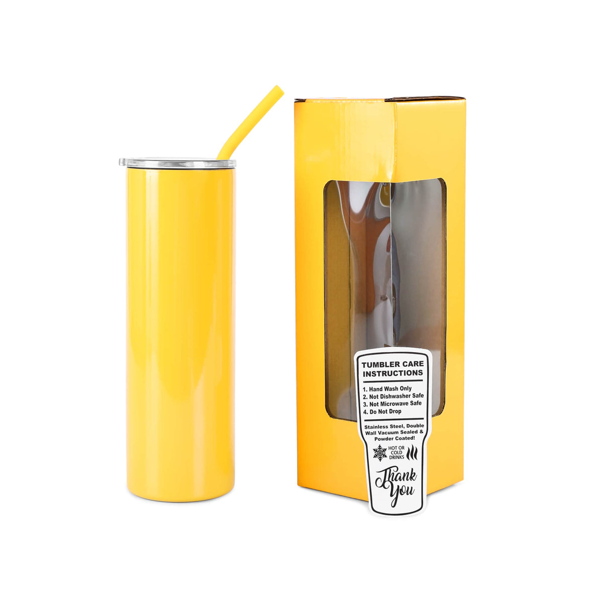 Yellow 20 oz slim tumbler with matching straw and gift box.