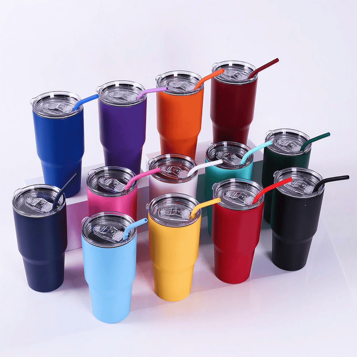 30 oz Classic Tumblers shown in the available 13 powder-coated colors.