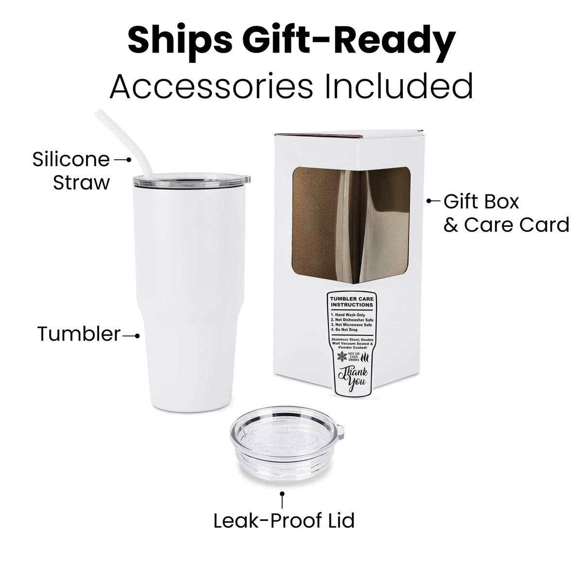 30 oz Classic Tumbler shown with silicone straw, leak-proof lid, gift box, and care card.