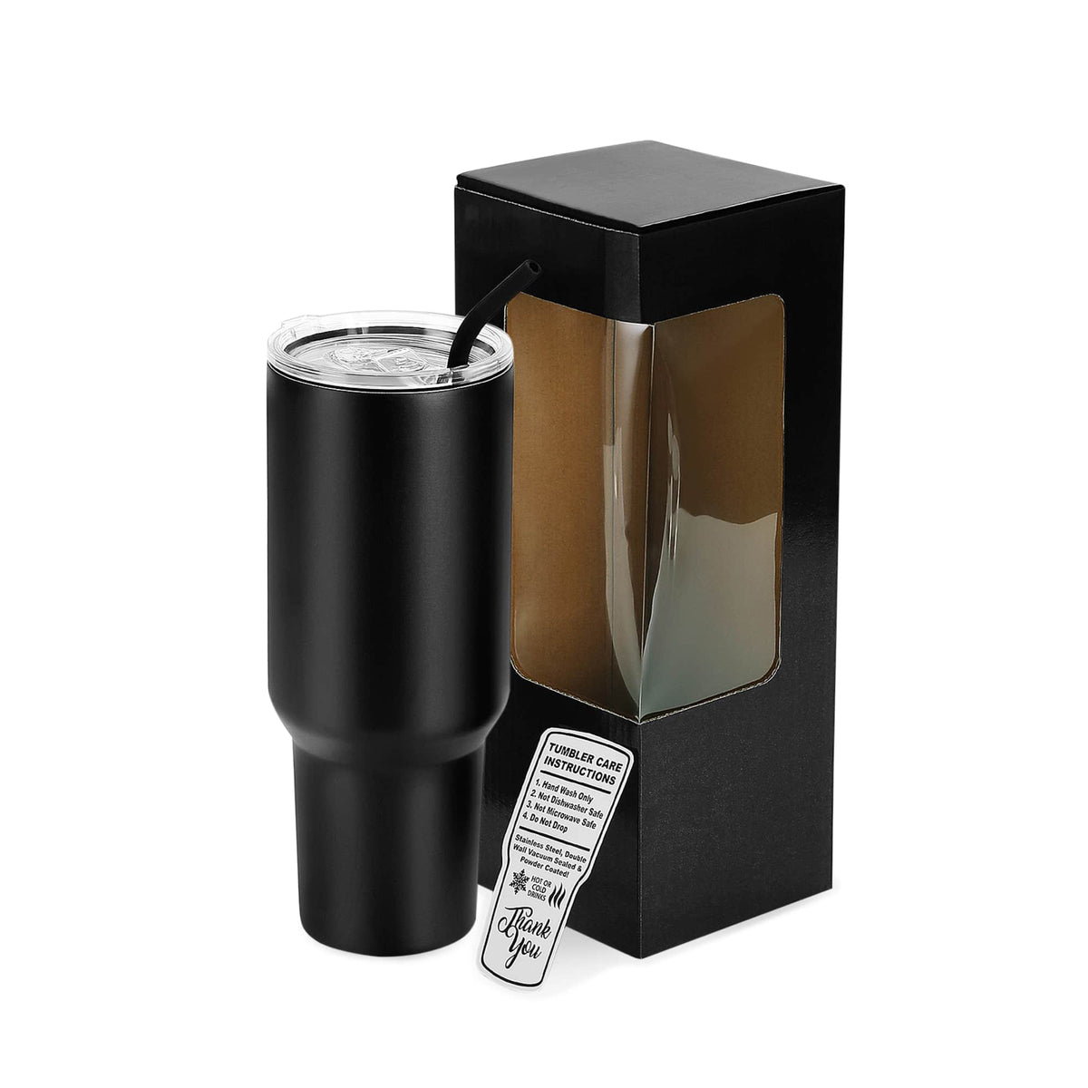 40 oz Classic Tumbler in Black with lid, straw, and packaging.