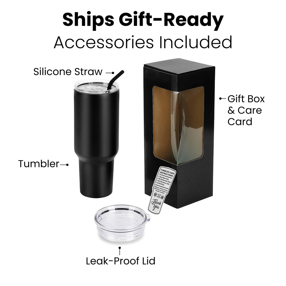 40 oz Classic Tumbler shown with leak-resistant lid, straw, and gift-ready packaging.