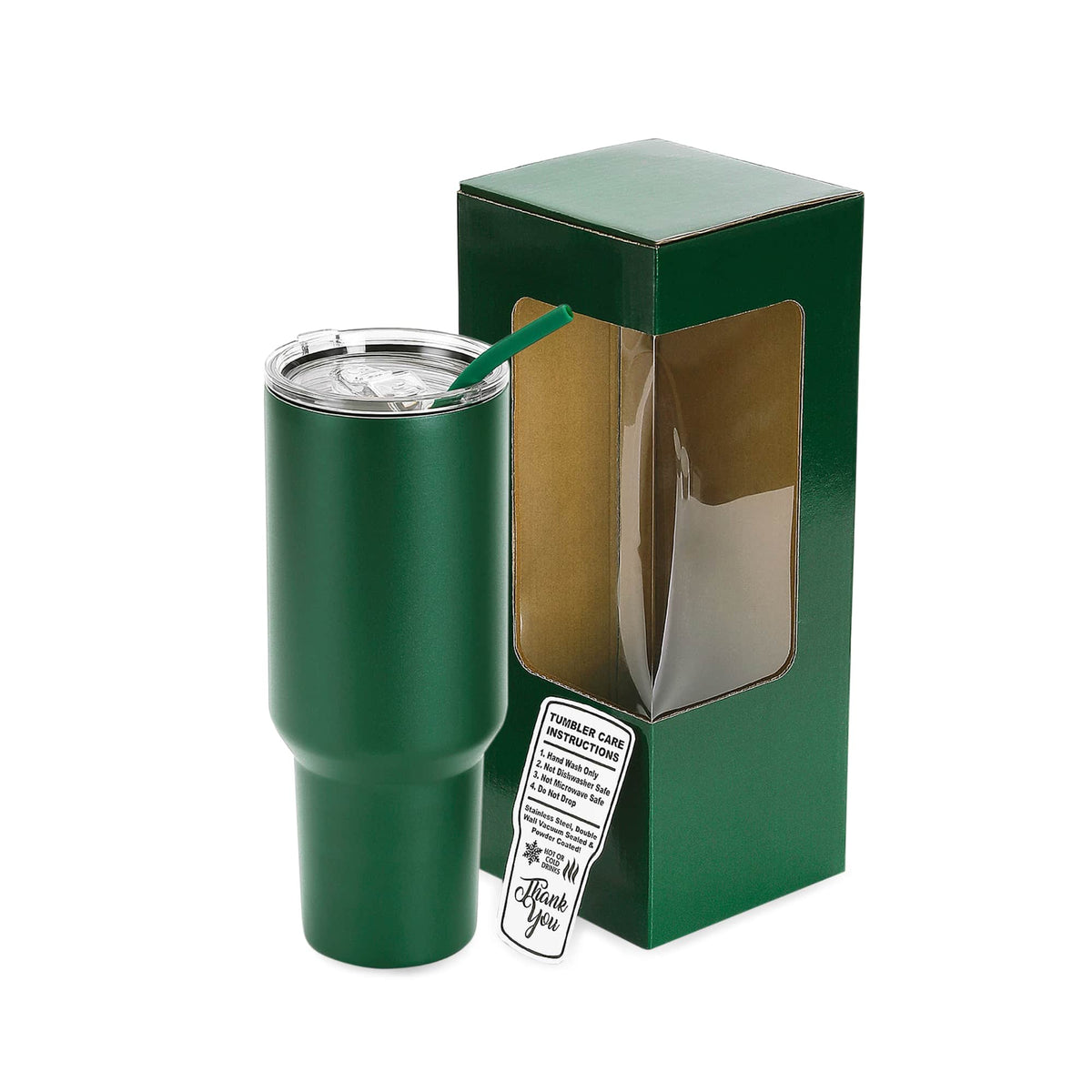 40 oz Classic Tumbler in Green with lid, straw, and packaging.