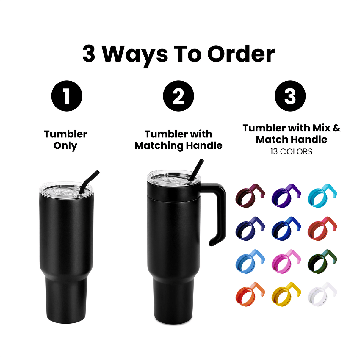 Three ways to order a Fennec Creations 40 oz tumbler: tumbler only, with matching handle, or with a mix-and-match handle.