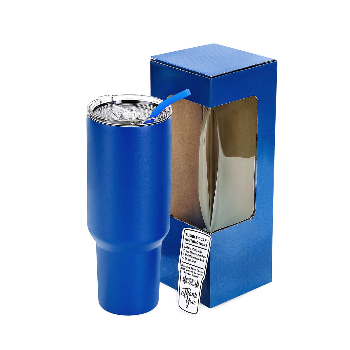 40 oz Classic Tumbler in Indigo Blue with lid, straw, and packaging.