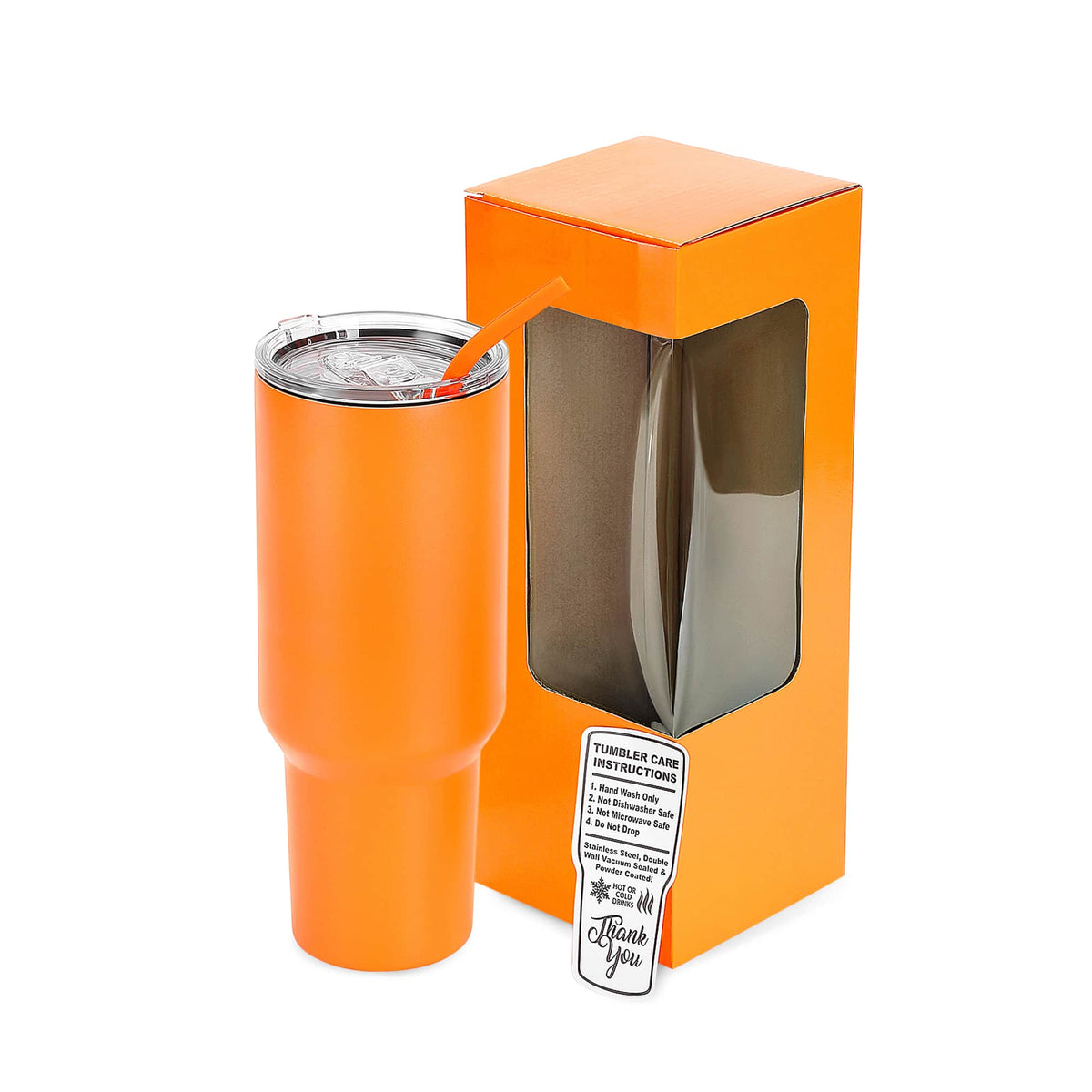40 oz Classic Tumbler in Orange with lid, straw, and packaging.