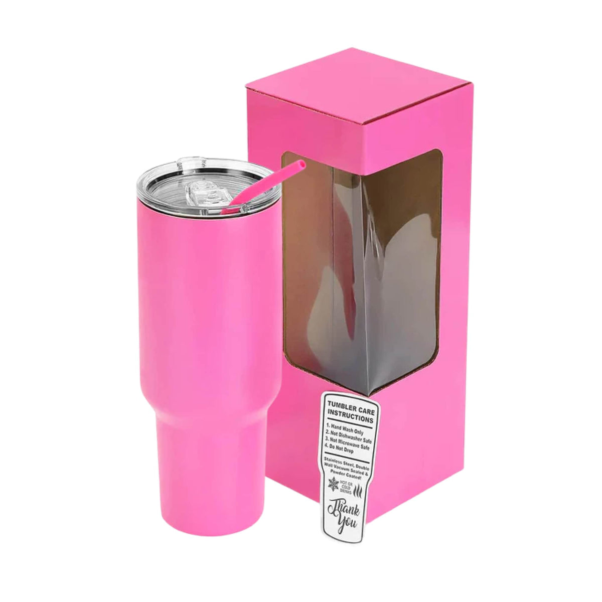 40 oz Classic Tumbler in Primrose Pink with lid, straw, and packaging.