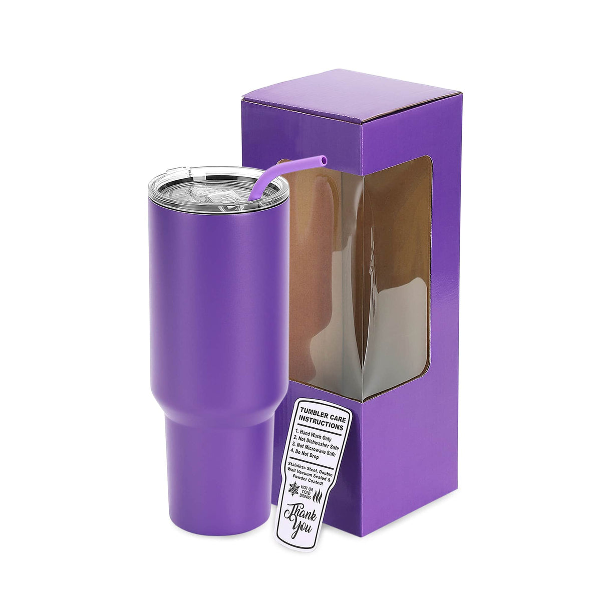 40 oz Classic Tumbler in Purple with lid, straw, and packaging.
