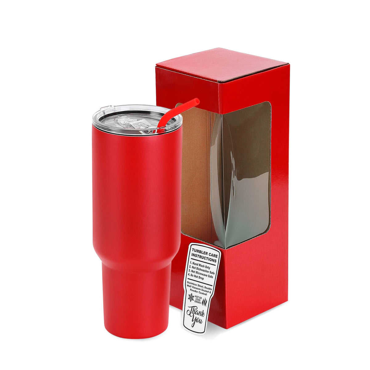 40 oz Classic Tumbler in Ruby Red with lid, straw, and packaging.