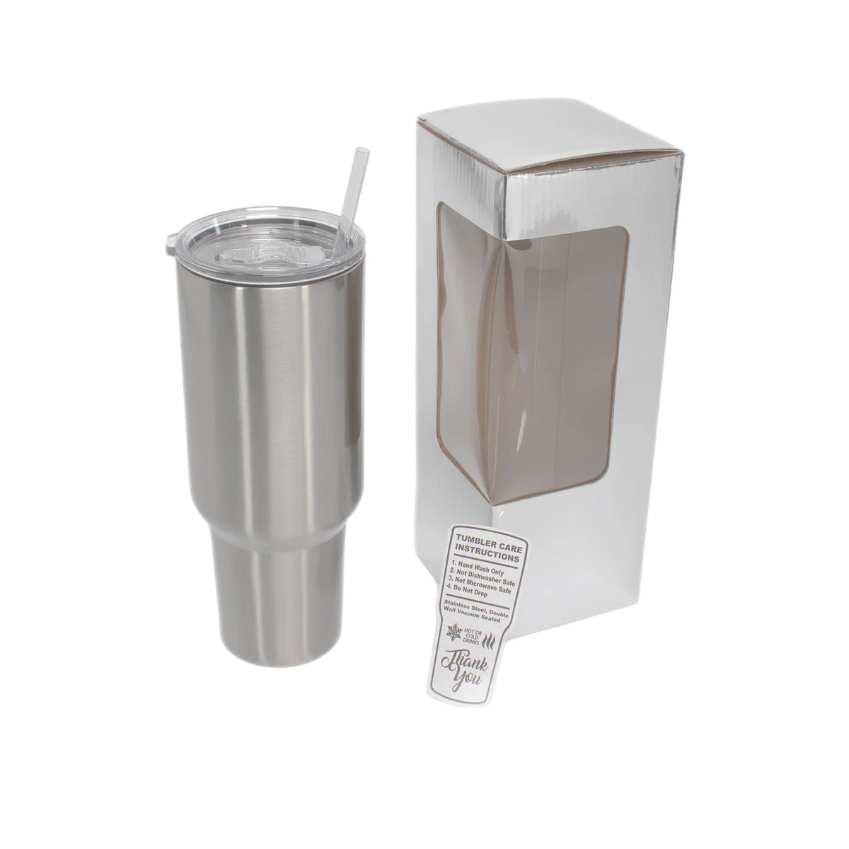 40 oz Classic Tumbler in Stainless Steel with lid, straw, and packaging.