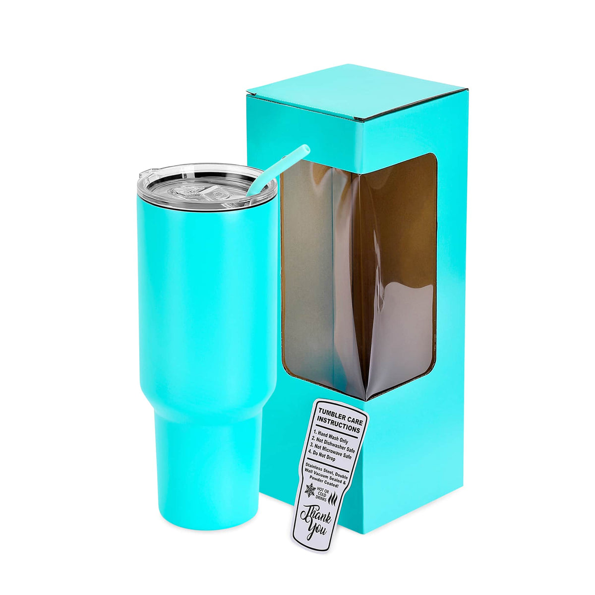 40 oz Classic Tumbler in Teal with lid, straw, and packaging.