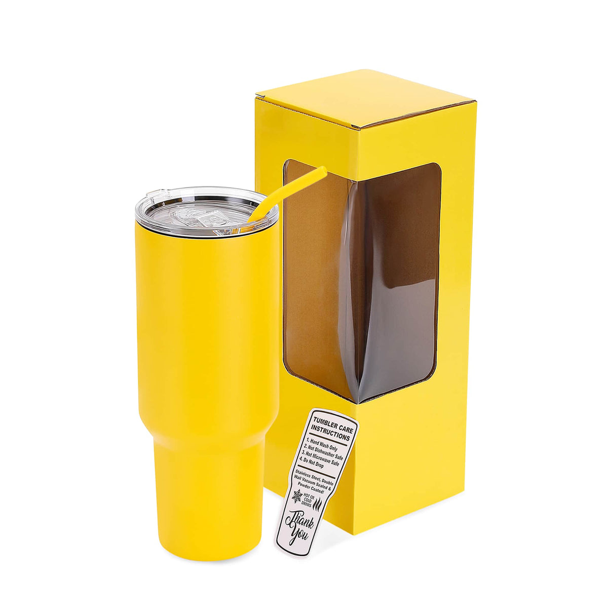 40 oz Classic Tumbler in Yellow with lid, straw, and packaging.