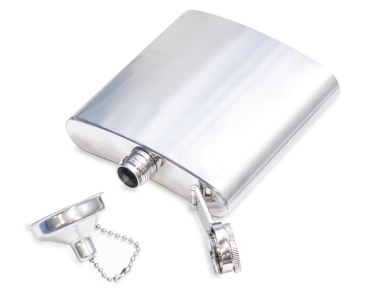6 oz stainless steel flask shown with matching funnel attached by chain.
