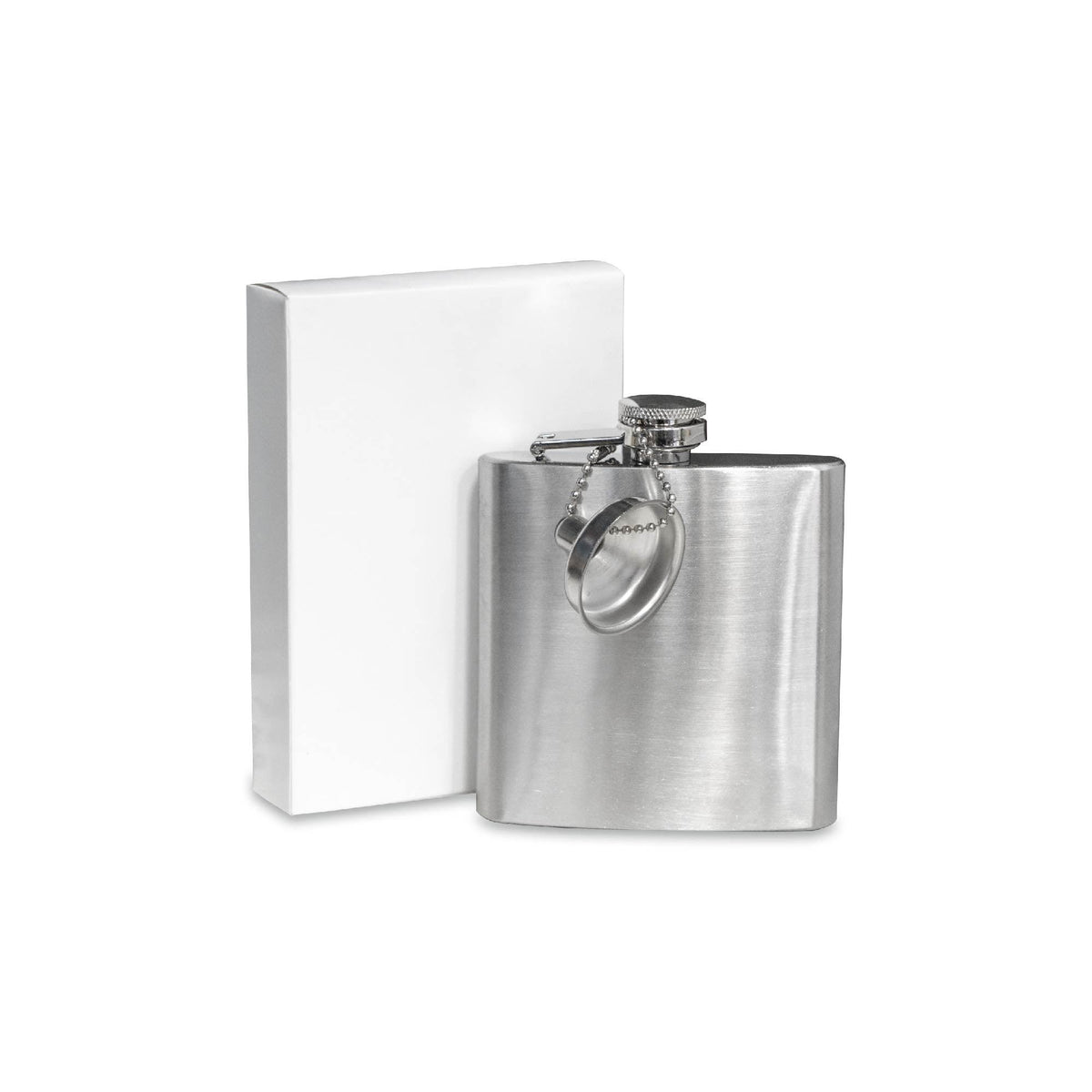 Stainless steel 6 oz flask shown with its individual packaging and attached funnel.