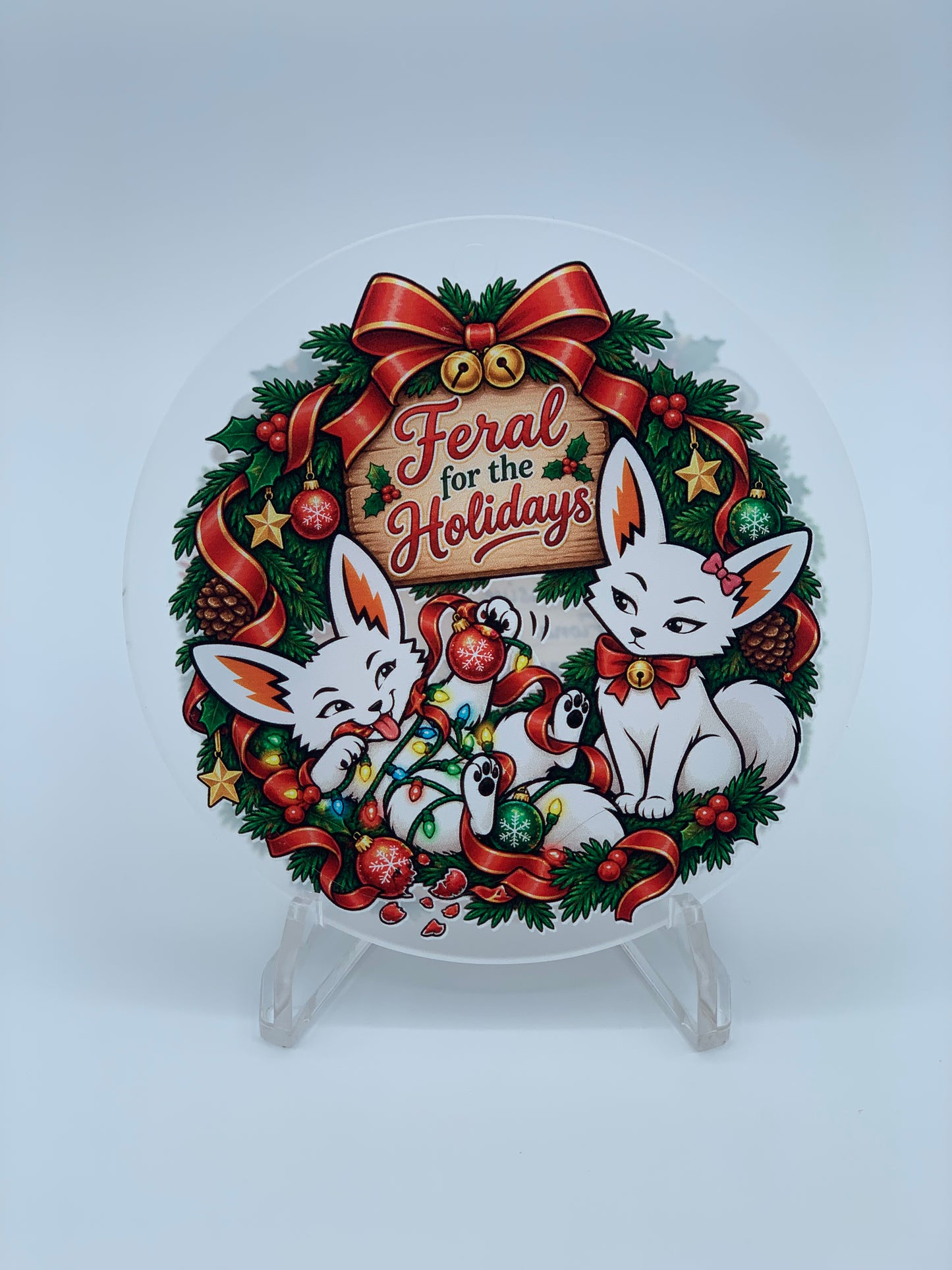 Colorful personalized Round acrylic Christmas ornament featuring Finlay and Fiona in the humorous “Feral for the Holidays” design, UV printed with detailed holiday artwork.