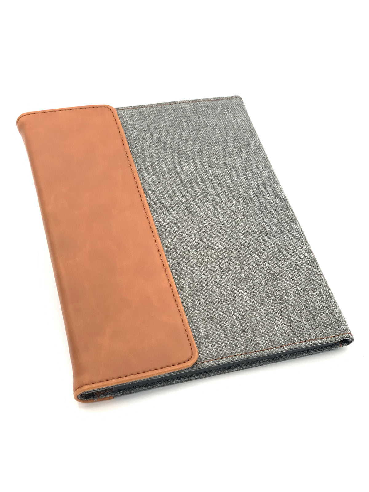 Angled view of the Rawhide/Gray leatherette padfolio showing the coordinated two-tone exterior design.