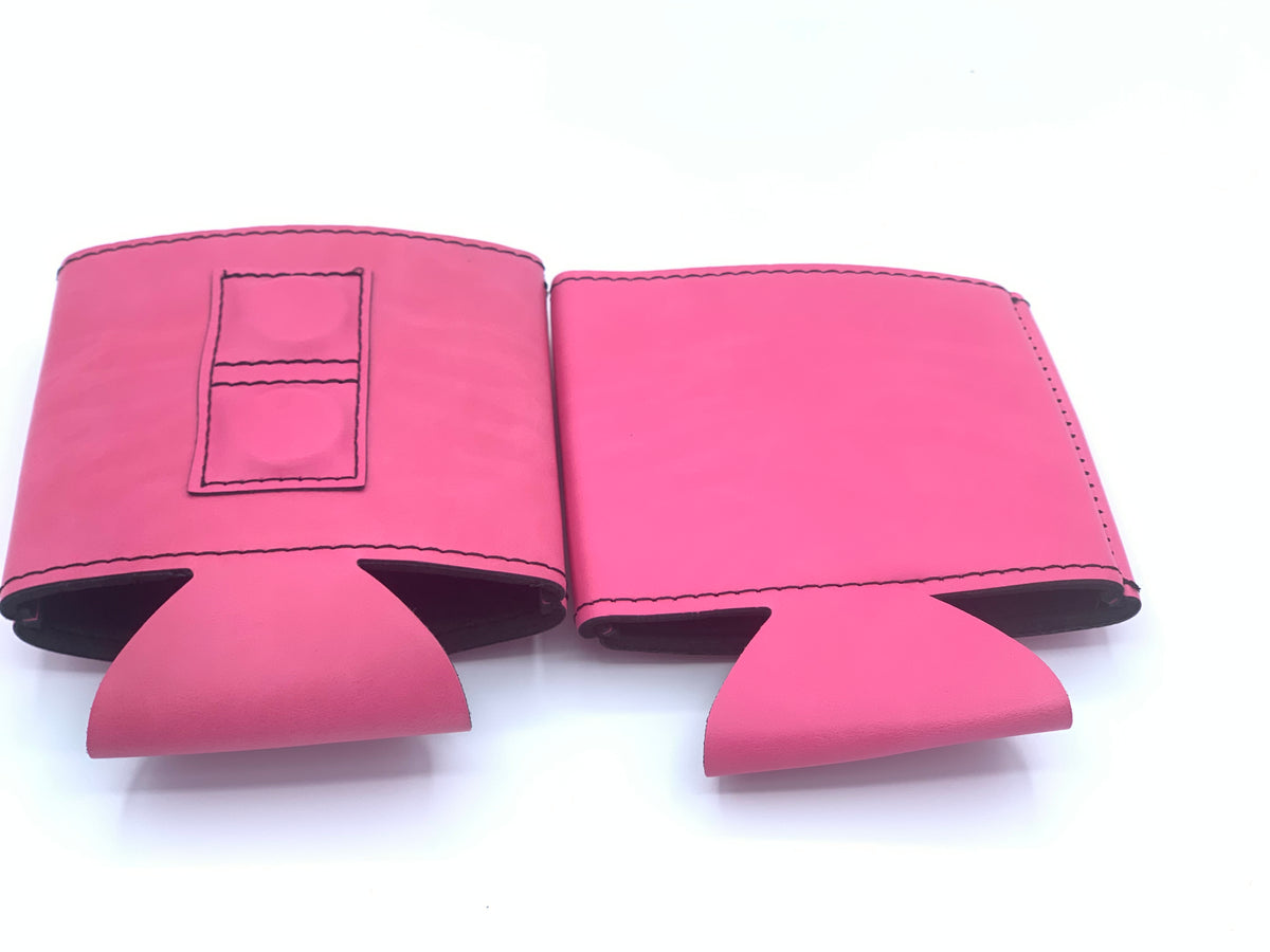 Primrose Pink magnetic can coolers shown open to display the built-in dual-magnet construction.