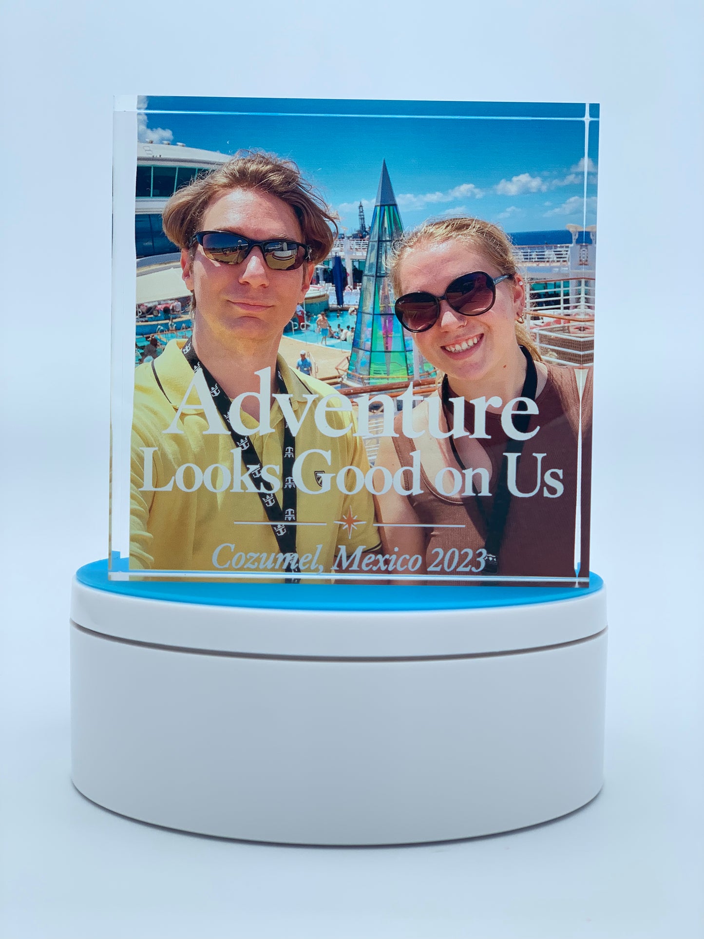 Personalized clear acrylic photo display block with travel photo and Adventure Looks Good on Us design