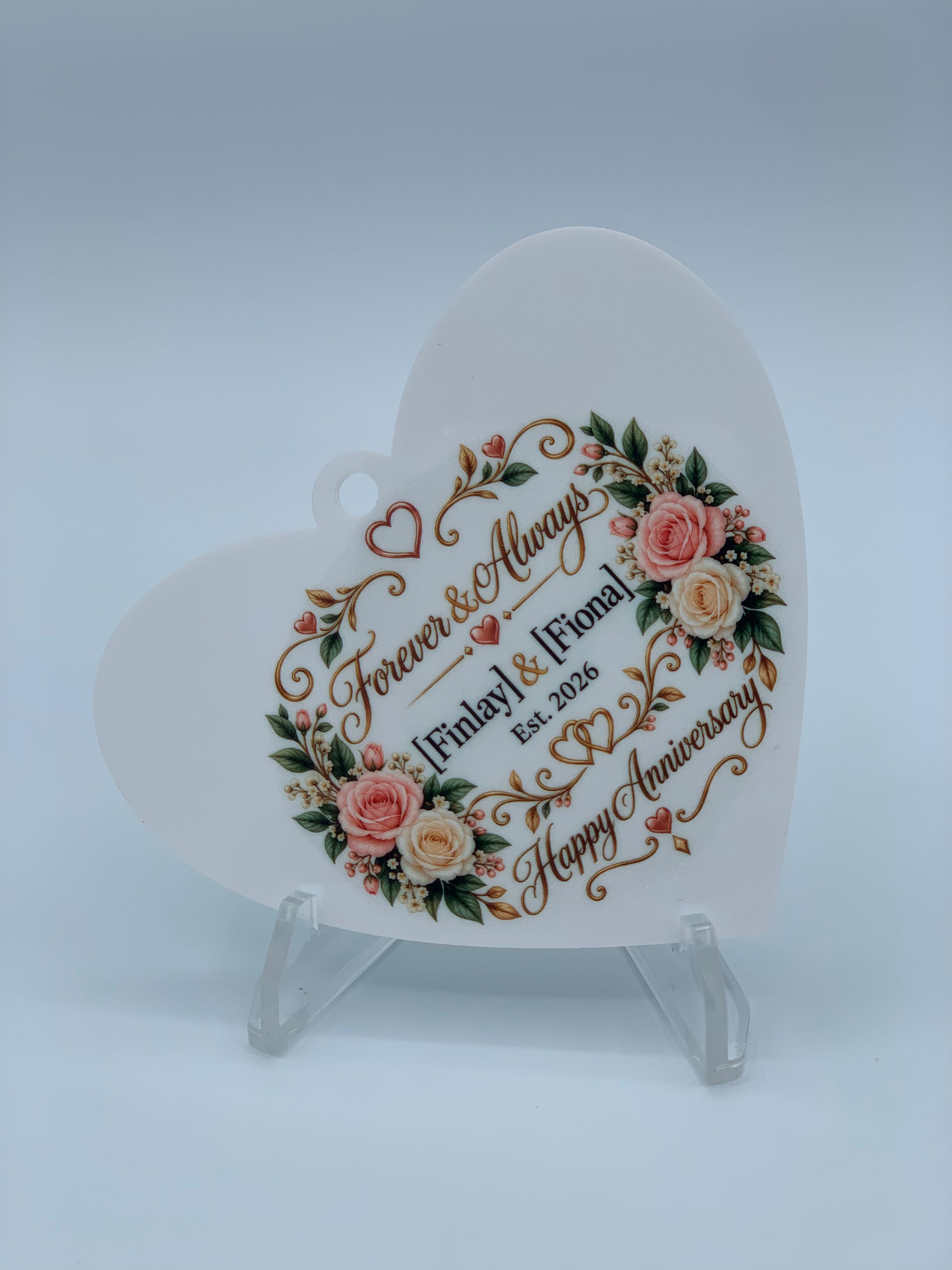 Personalized acrylic keepsake ornament featuring an elegant floral love design, ideal for anniversaries, weddings, couples, and other meaningful relationship milestones.