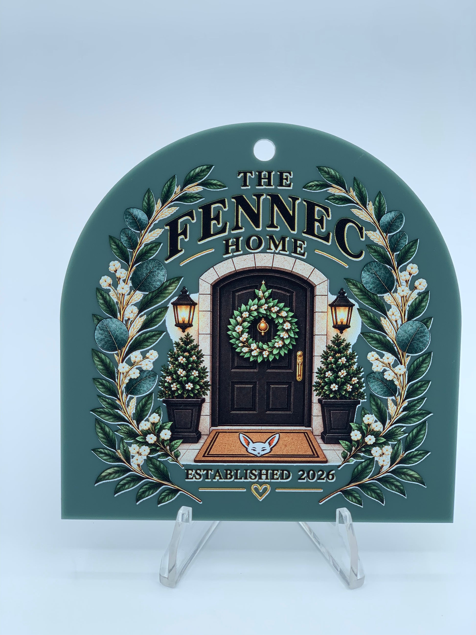 Frosted olive 3.5" Arch Top acrylic ornament with a detailed custom UV-printed design, showcasing one of the Signature finishes available from Fennec Creations.