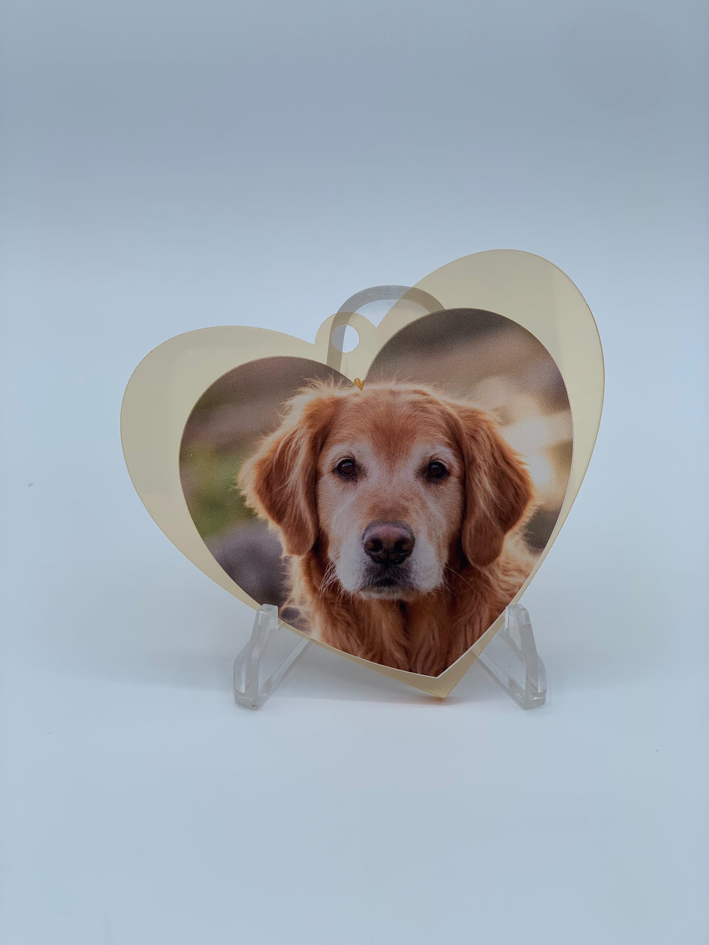 Personalized 3.5" Heart acrylic ornament featuring a custom pet photo, demonstrating how photographs can be transformed into meaningful keepsake and remembrance ornaments.