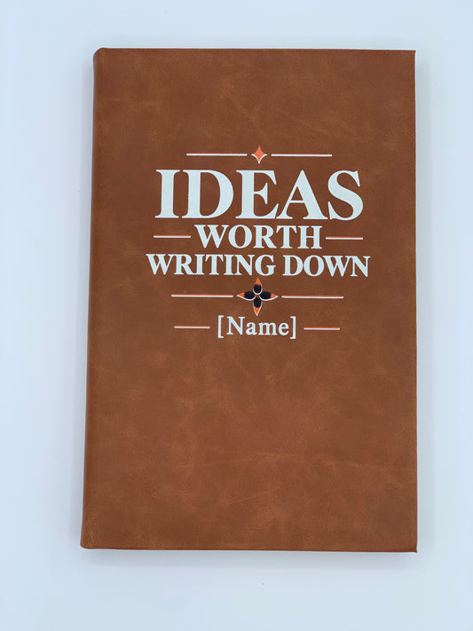 Rawhide leatherette journal personalized with a full-color custom design featuring “Ideas Worth Writing Down” and a sample name placeholder.