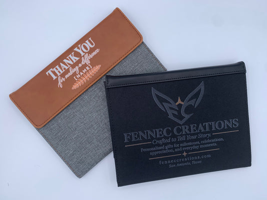 Black/Black and Rawhide/Gray leatherette padfolios shown with personalized full-color and tonal custom designs.
