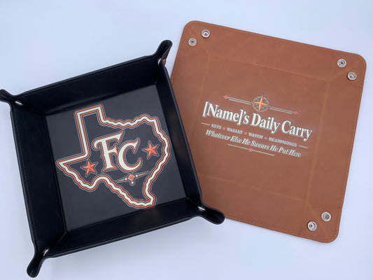 Black and Rawhide leatherette valet trays shown with personalized full-color designs, including assembled and flat configurations.