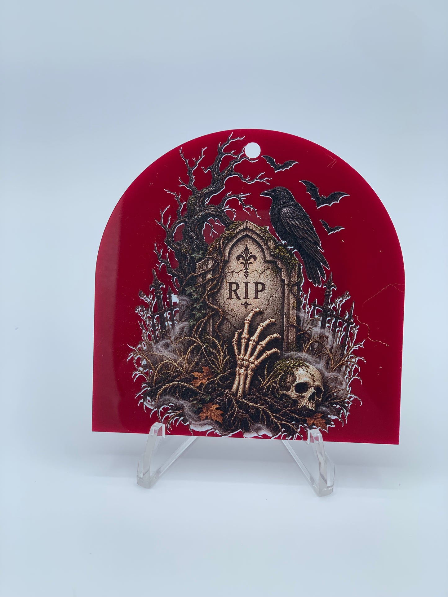 Frosted burgundy 3.5" Arch Top acrylic ornament featuring a personalized memorial and remembrance design printed directly onto the acrylic.