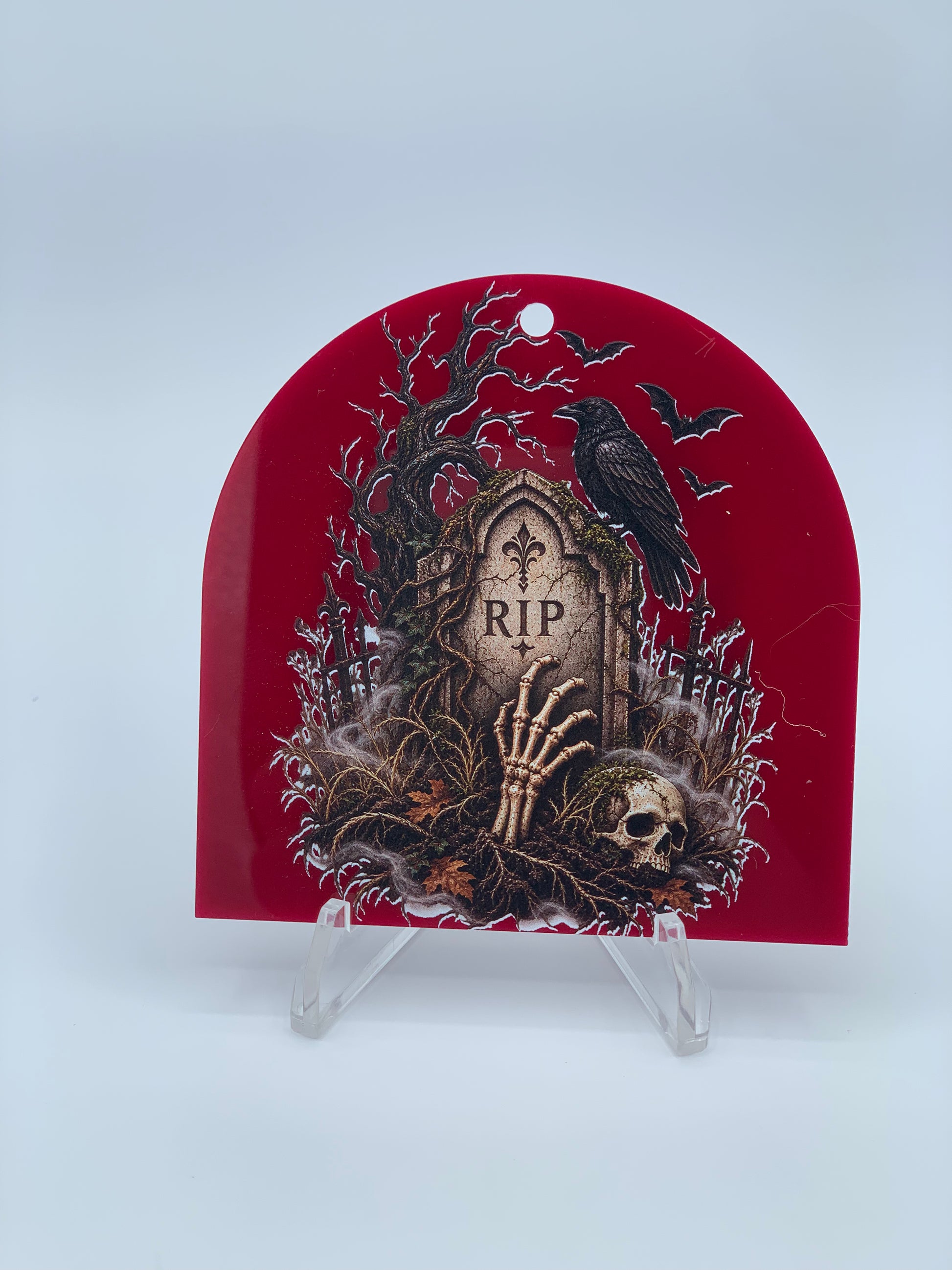 Frosted burgundy 3.5" Arch Top acrylic ornament featuring a personalized memorial and remembrance design printed directly onto the acrylic.